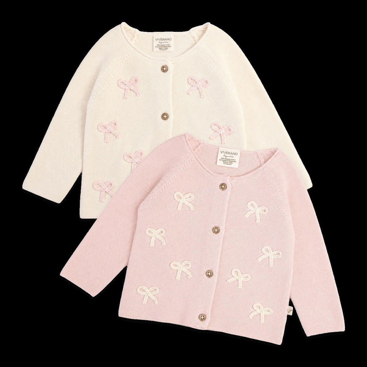 Viverano Organics Zoe Bow Sweater Knit Baby Button Cardigan (Organic Cotton) - Natural, 6-12M