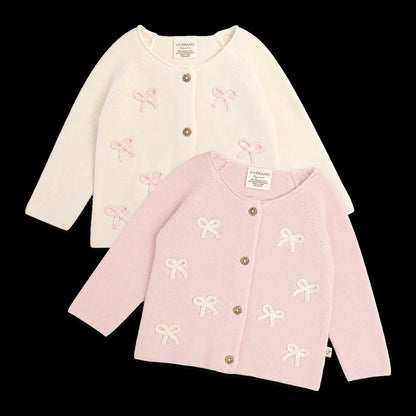 Viverano Organics Zoe Bow Sweater Knit Baby Button Cardigan (Organic Cotton) - Natural, 6-12M