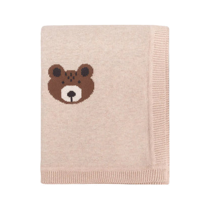 Viverano Organics Brown Bear - Organic Cotton Jacquard Knit Baby Blanket - Oatmeal, One Size
