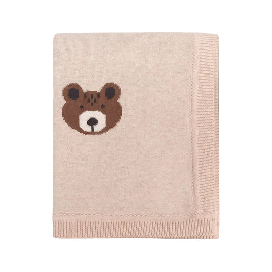 Viverano Organics Brown Bear - Organic Cotton Jacquard Knit Baby Blanket - Oatmeal, One Size