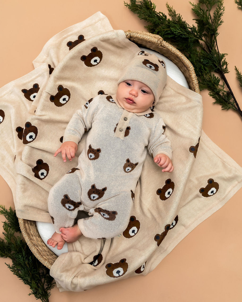 Viverano Organics Brown Bear - Organic Cotton Jacquard Knit Baby Blanket - Oatmeal, One Size