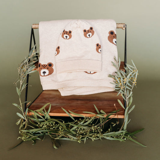 Viverano Organics Brown Bear - Organic Cotton Jacquard Knit Baby Blanket - Oatmeal, One Size