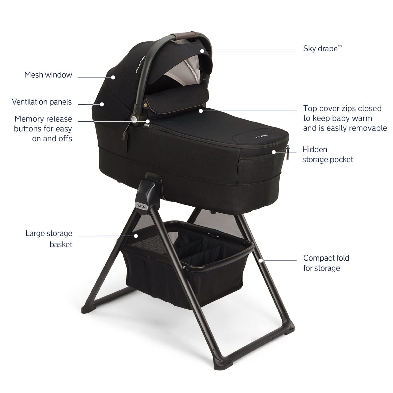 Nuna MIXX Series Bassinet + Stand (Folds with Stroller) - Caviar