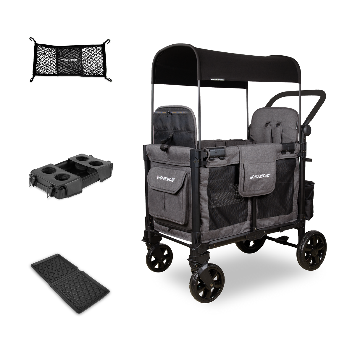 WonderFold W2 Elite Pro (2 Seater) Everyday Stroller Wagon Bundle - Charcoal Gray