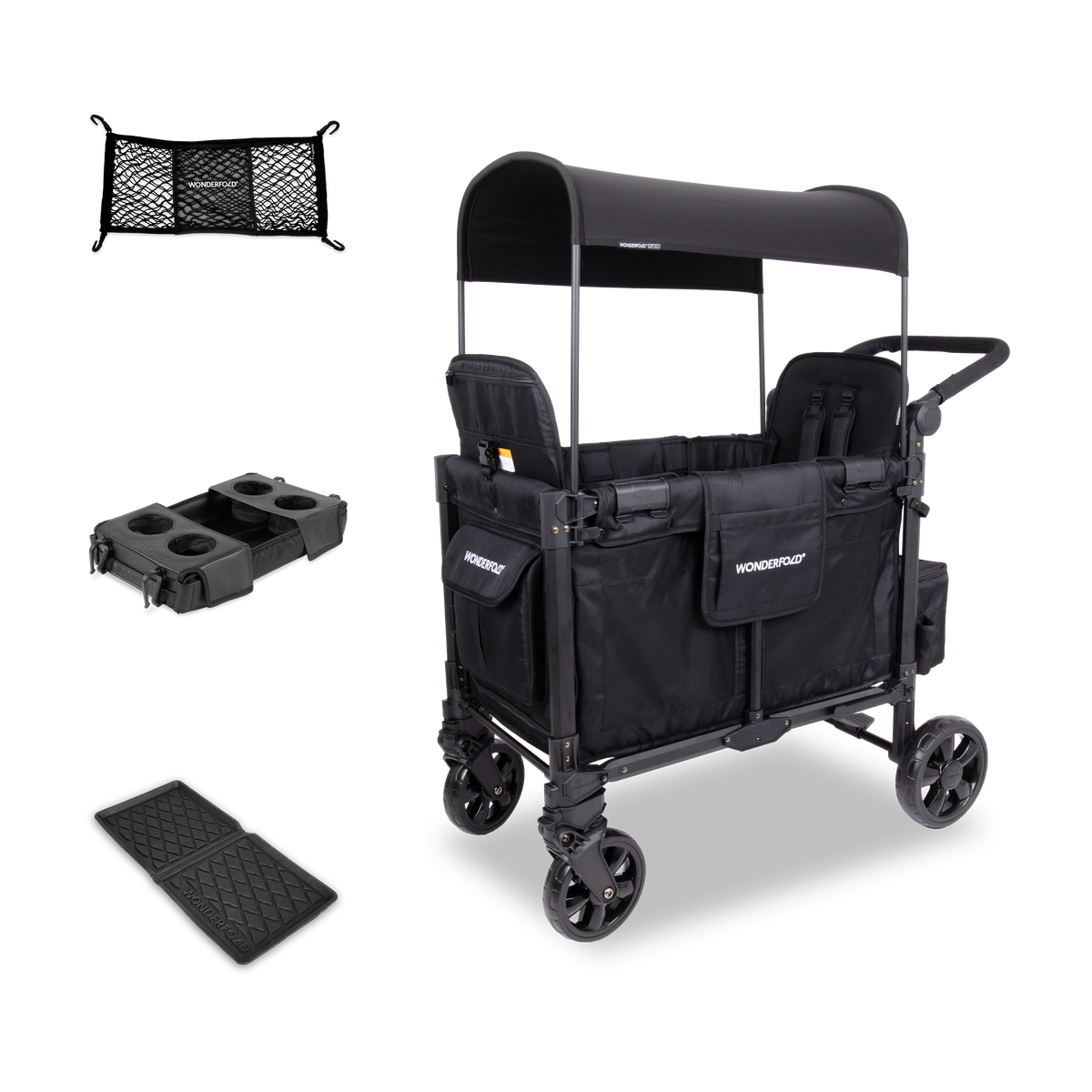 WonderFold W2 Elite Pro (2 Seater) Everyday Stroller Wagon Bundle - Jet Black