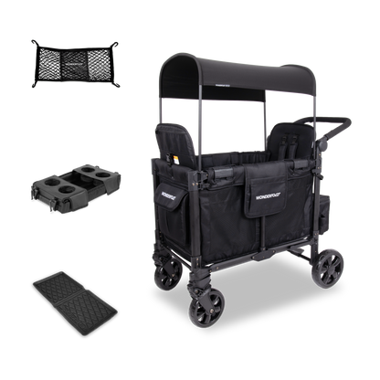 WonderFold W2 Elite Pro (2 Seater) Everyday Stroller Wagon Bundle - Jet Black