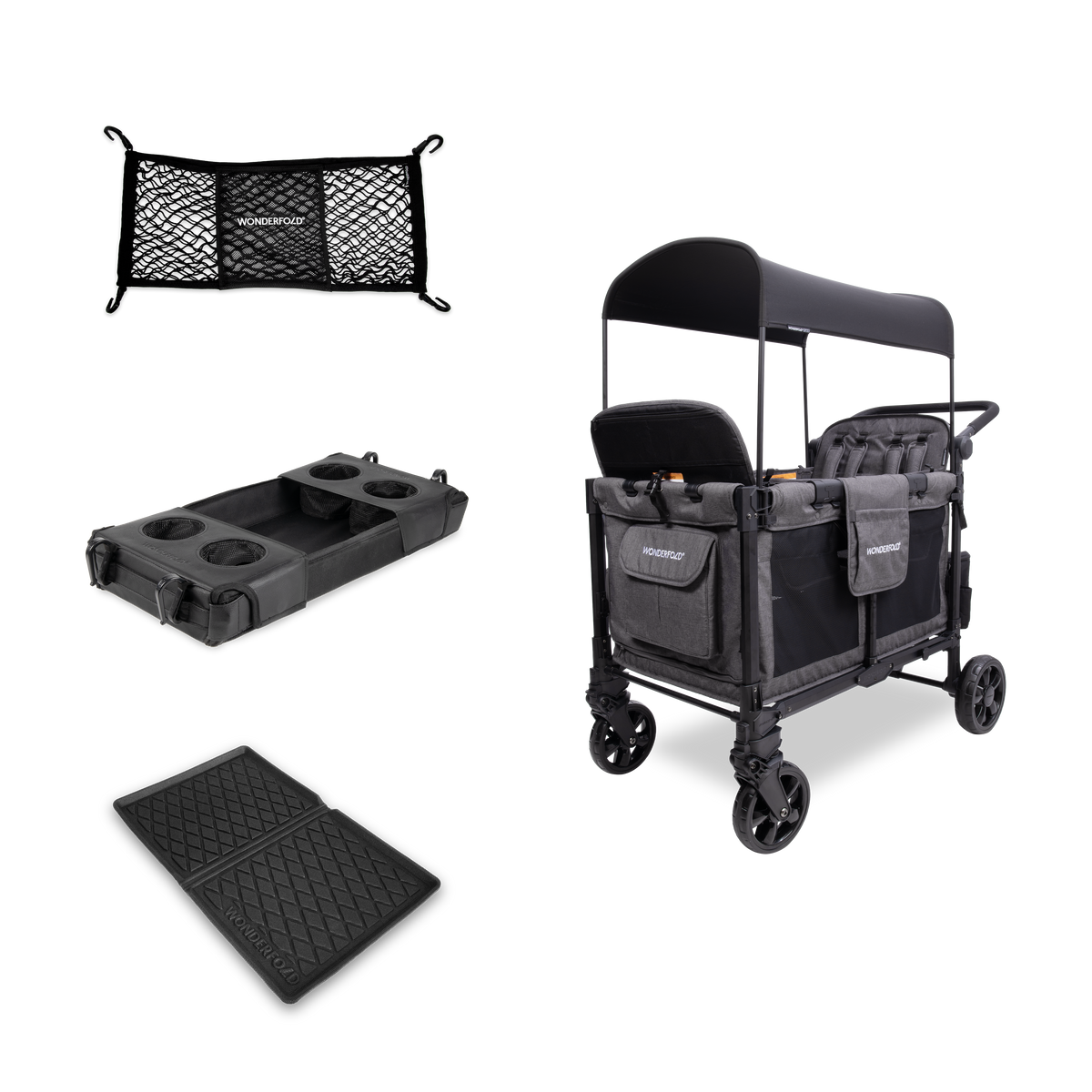 WonderFold W4 Elite Pro (4 Seater) Everyday Stroller Wagon Bundle - Charcoal Gray