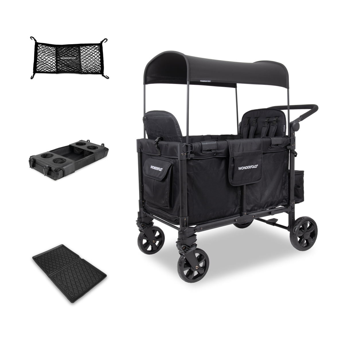 WonderFold W4 Elite Pro (4 Seater) Everyday Stroller Wagon Bundle - Jet Black