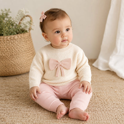 Viverano Organics Ella Bow Knit Baby Pullover (Organic Cotton) - Ecru, 3-6M