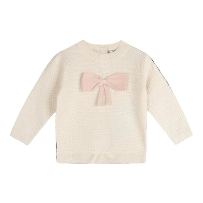 Viverano Organics Ella Bow Knit Baby Pullover (Organic Cotton) - Ecru, 3-6M
