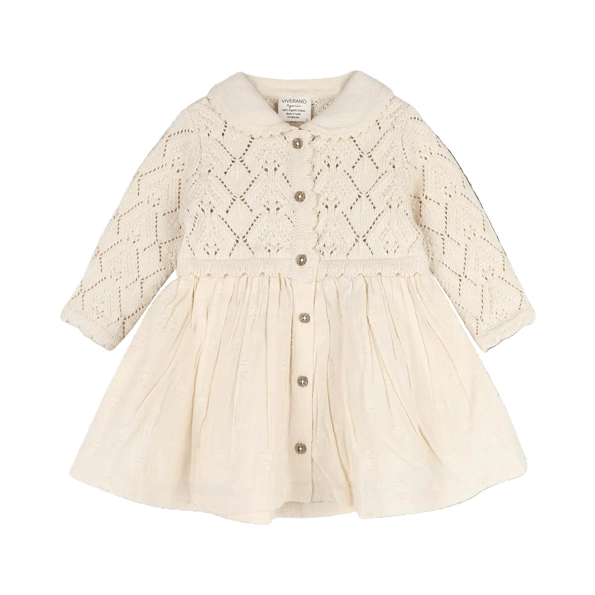 Viverano Organics Phoebe Pointelle Knit Sweater Top Baby Dress (Organic Cotton) - Natural, 12-18M