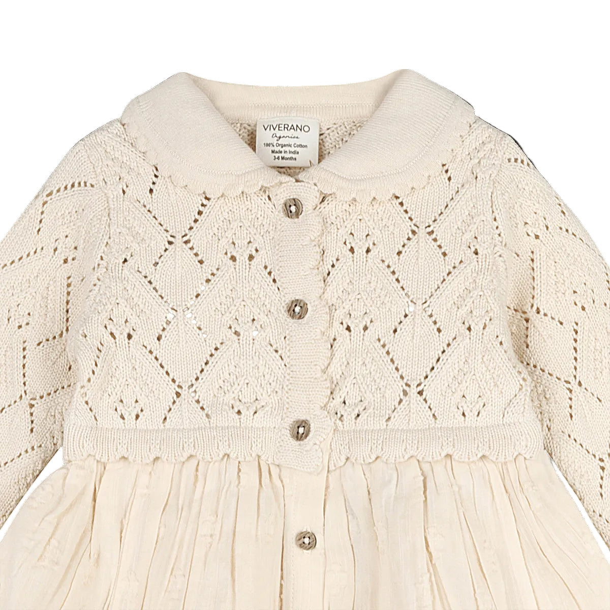 Viverano Organics Phoebe Pointelle Knit Sweater Top Baby Dress (Organic Cotton) - Natural, 12-18M