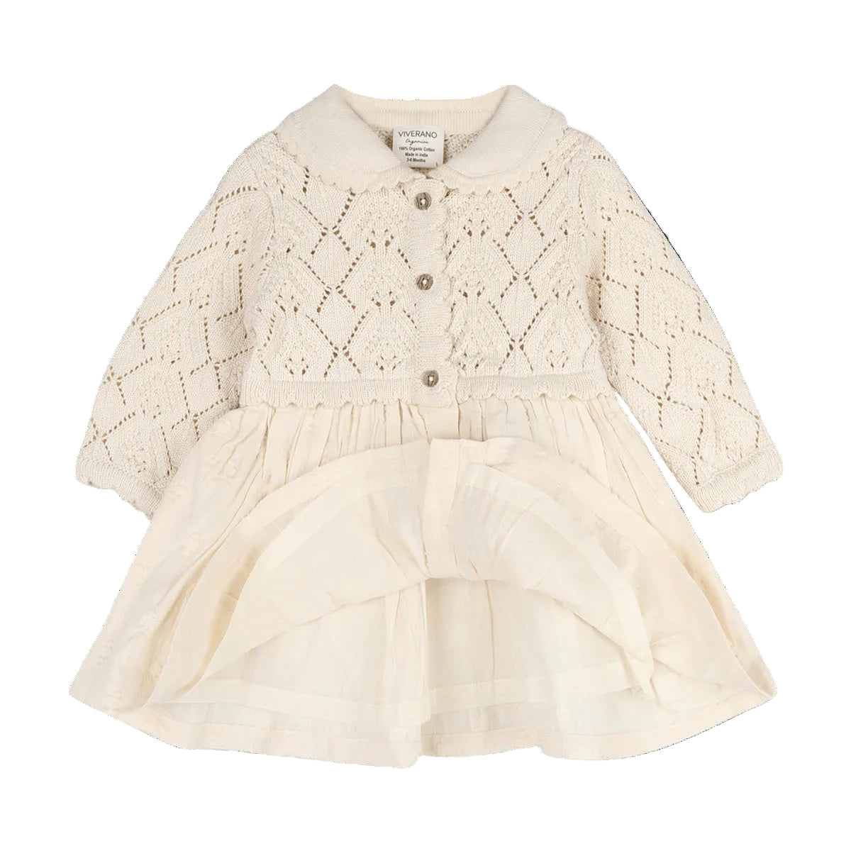 Viverano Organics Phoebe Pointelle Knit Sweater Top Baby Dress (Organic Cotton) - Natural, 12-18M
