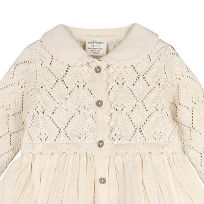 Viverano Organics Phoebe Pointelle Knit Sweater Top Baby Dress (Organic Cotton) - Natural, 3-6M