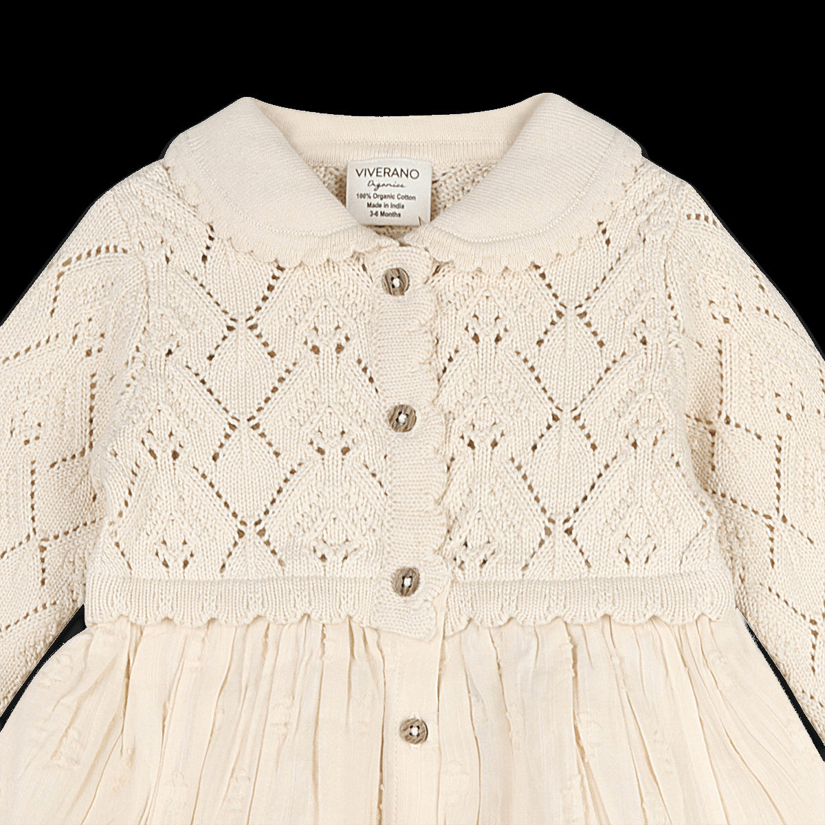 Viverano Organics Phoebe Pointelle Knit Sweater Top Baby Dress (Organic Cotton) - Natural, 6-12M