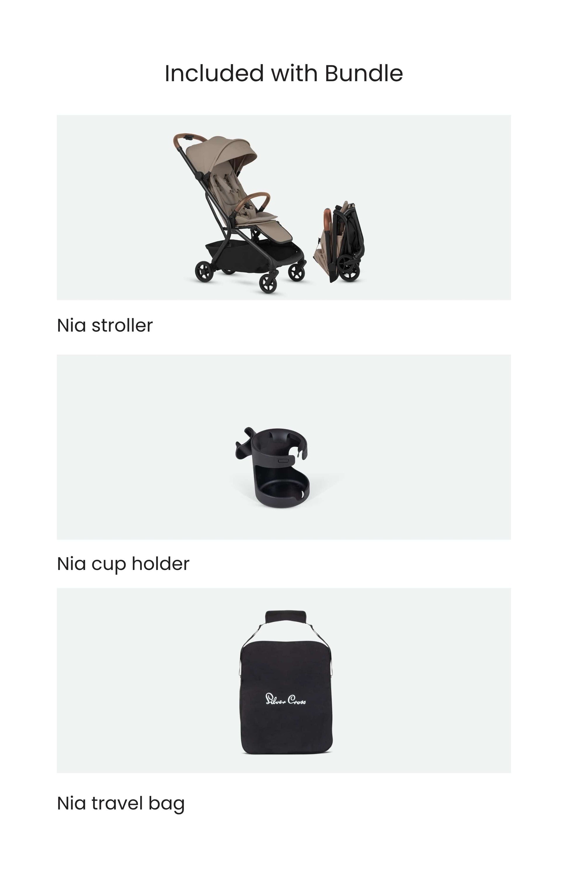 A bundle inclusion graphic showing three items: a Nia stroller, a Nia cup holder, and a Nia travel bag, all labeled under the heading 'Included with Bundle' on a white background.