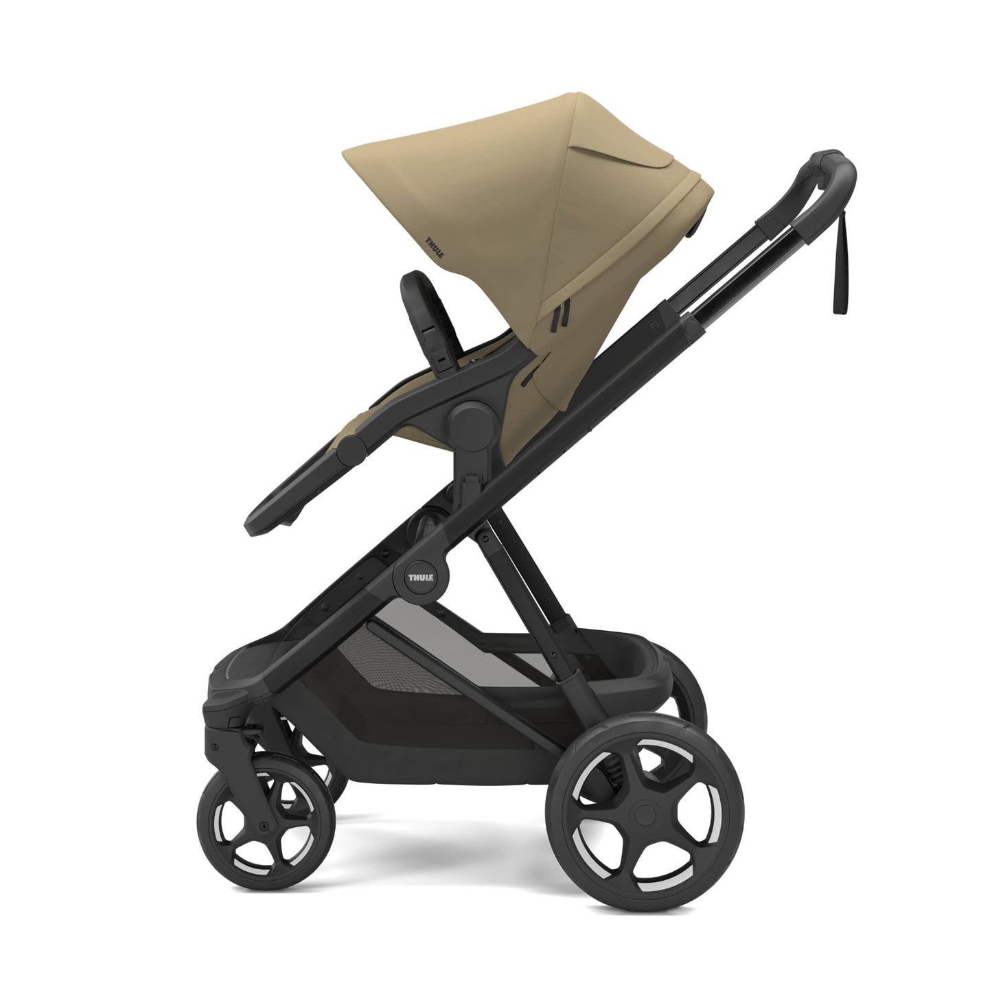 Thule beige stroller with black frame and wheels