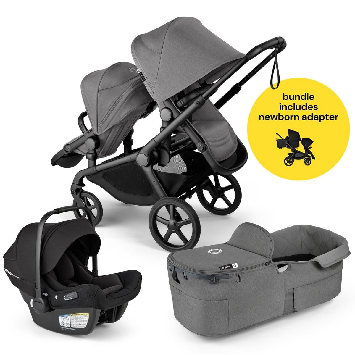 Bugaboo Kangaroo All-Position Newborn Double Stroller + Turtle Air Shield By Nuna Travel System Bundle - Black / Moon Grey / Moon Grey - APN-TRVL-100280033-100281023