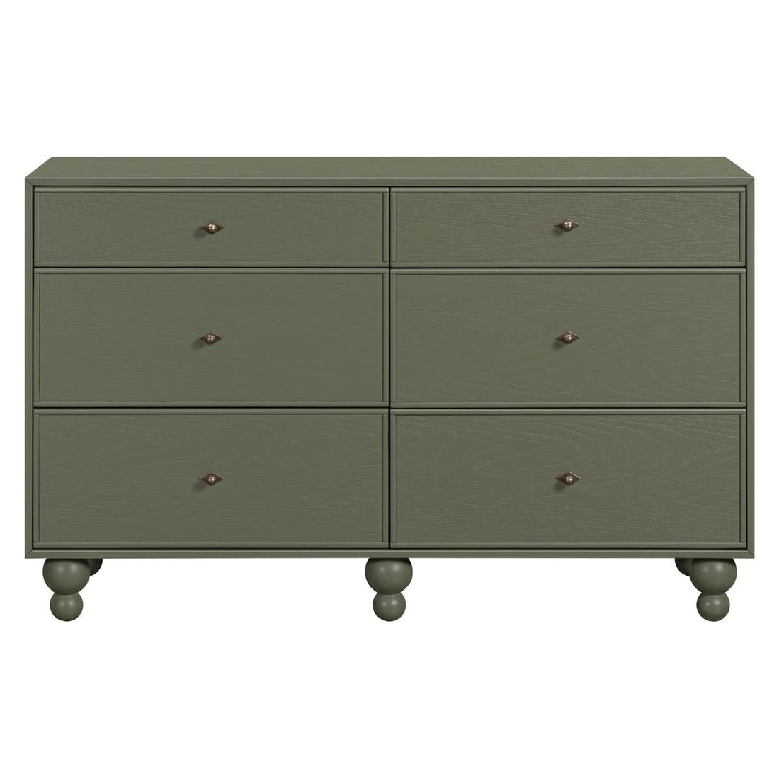 Babyletto olive green six drawer dresser with round feet and metal knobs