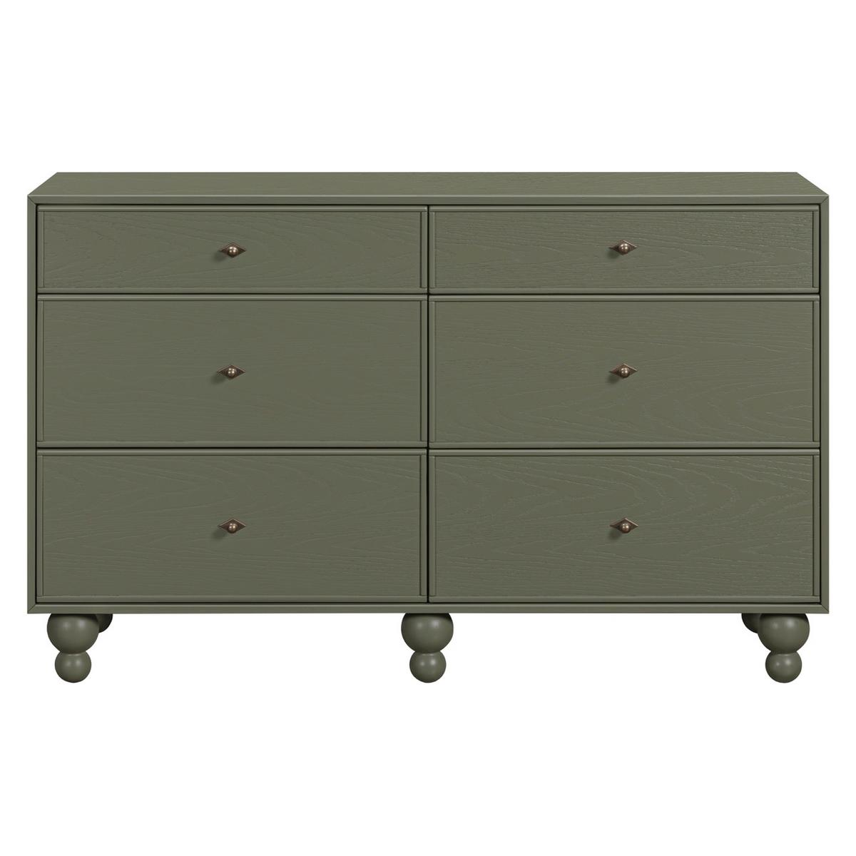 Babyletto olive green six drawer dresser with round feet and metal knobs