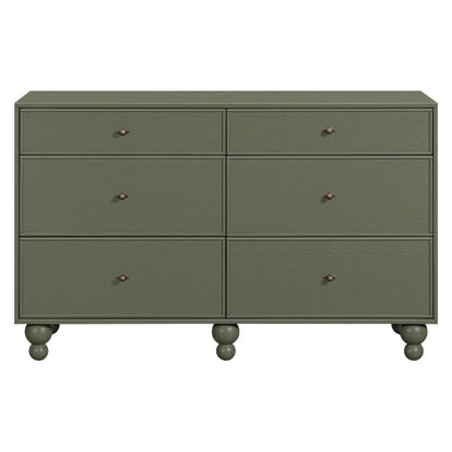 Babyletto olive green six drawer dresser with round feet and metal knobs