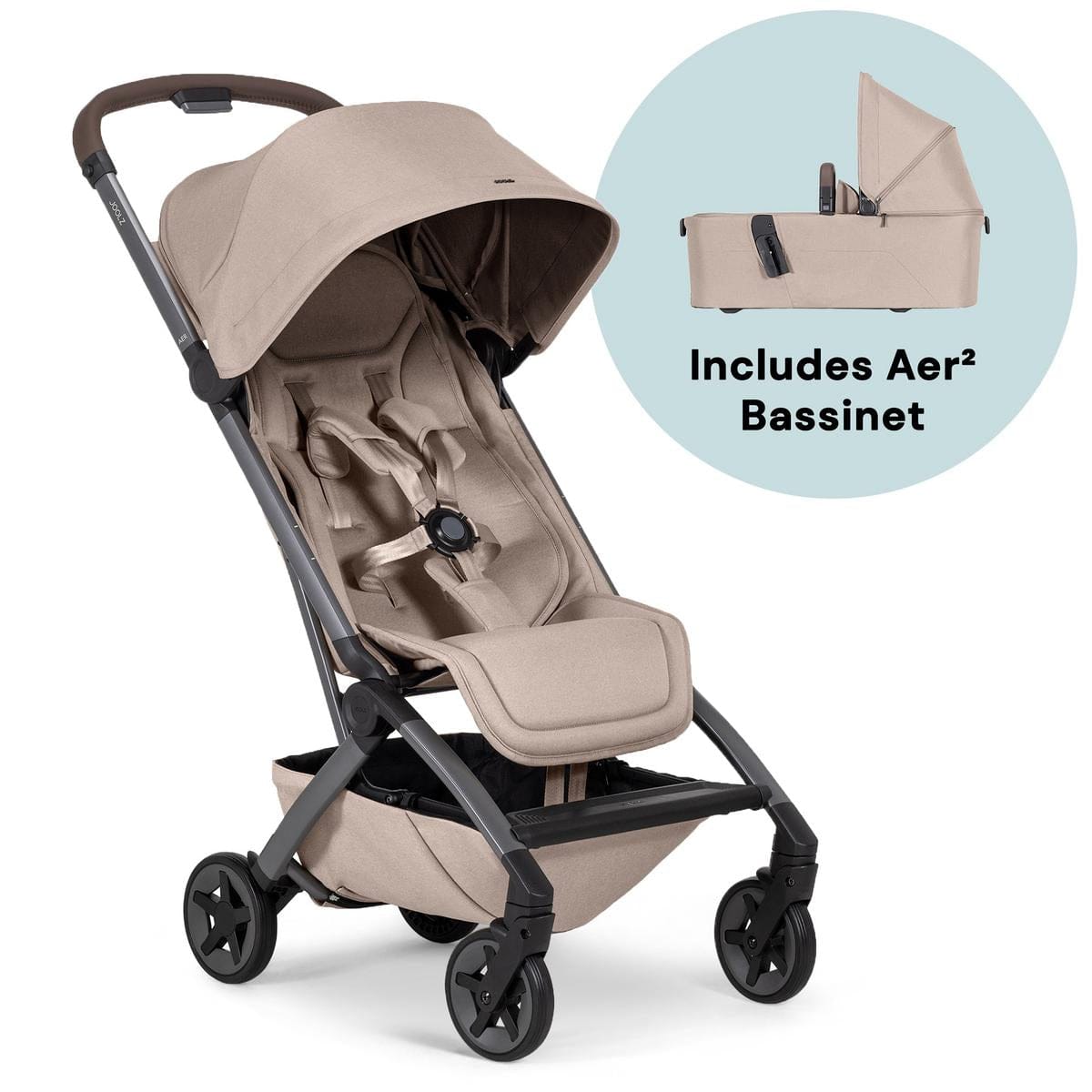 Joolz Aer2 Lightweight Compact Stroller + Bassinet Bundle - Sandy Taupe - 440203-440253