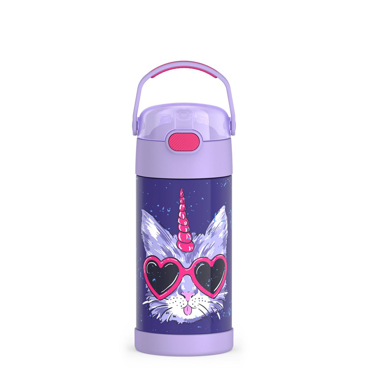 Thermos water bottle with purple lid and cat unicorn graphic wearing heart sunglasses