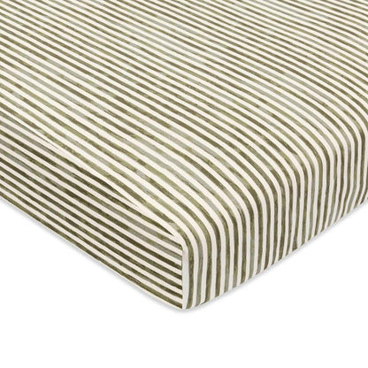 Babyletto crib sheet with olive green and white vertical stripes