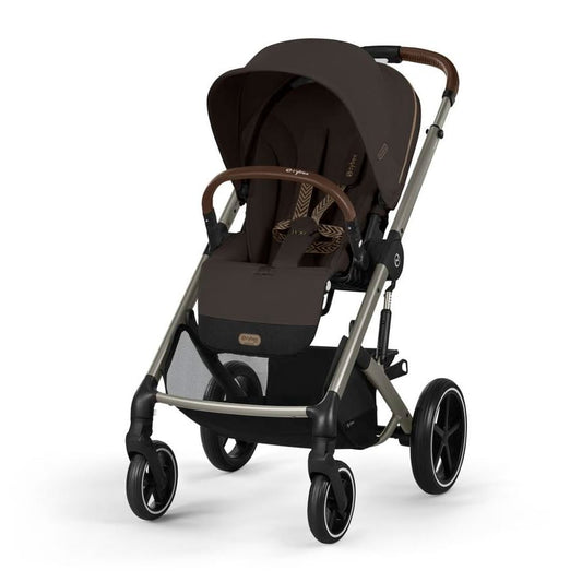 Cybex brown stroller with metallic frame and leather handle