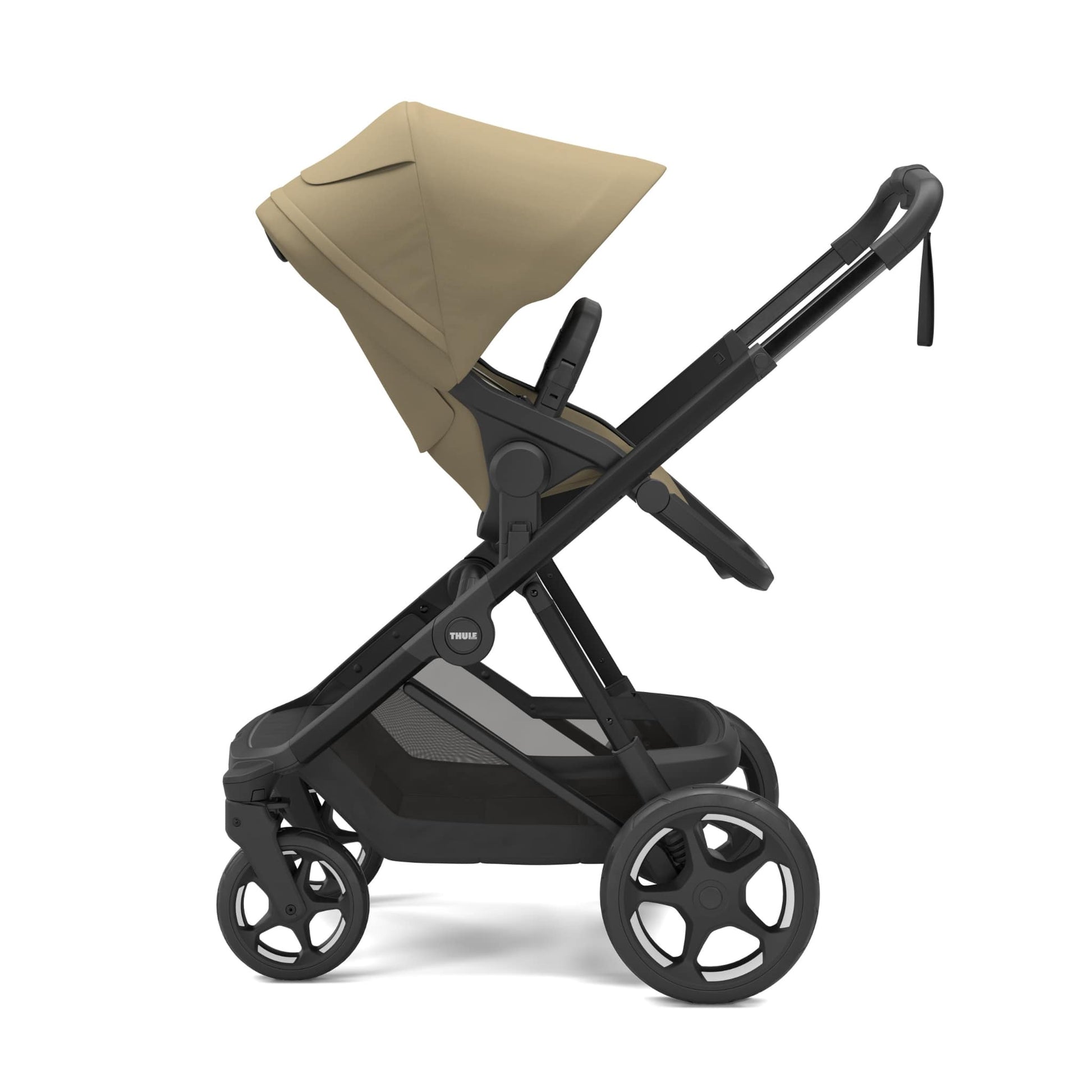 Thule beige stroller with black frame and wheels