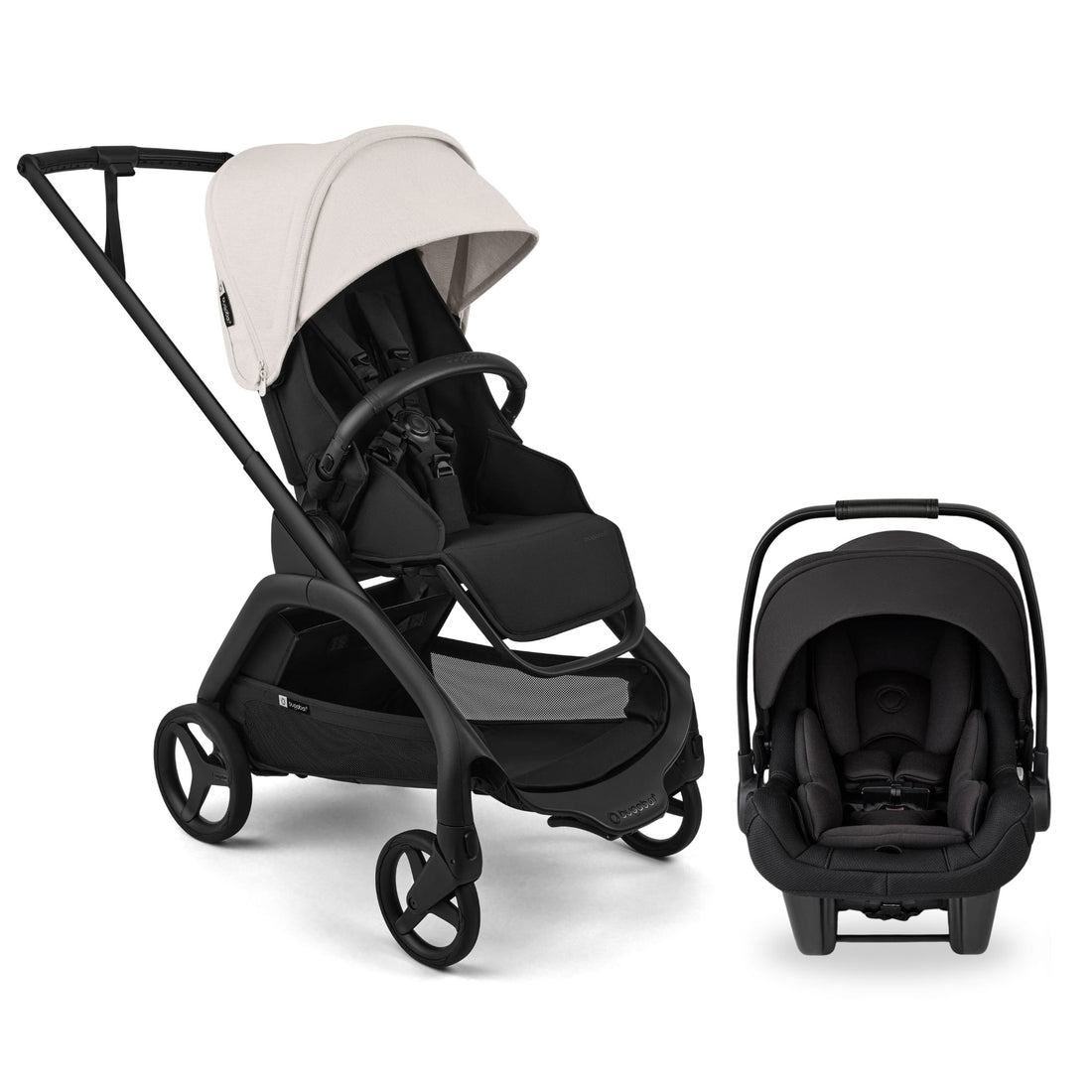Bugaboo stroller with cream canopy and matching black infant car seat