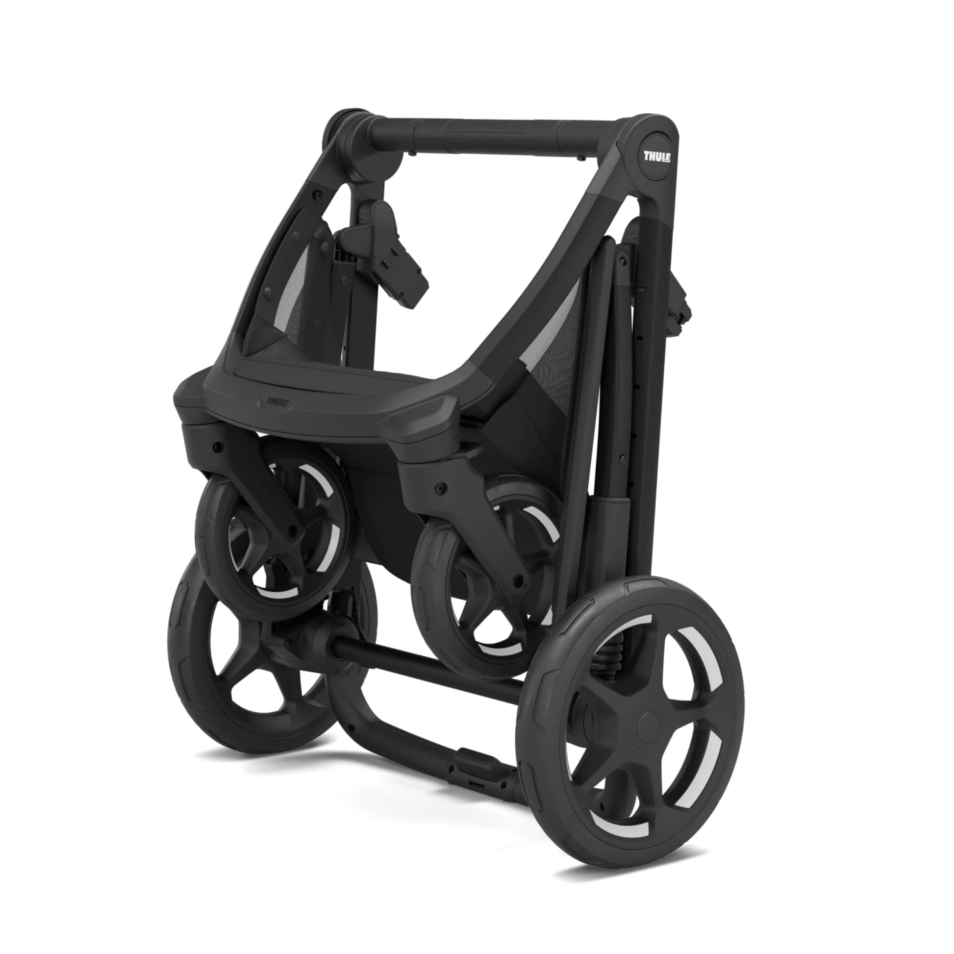 Folded black Thule stroller frame