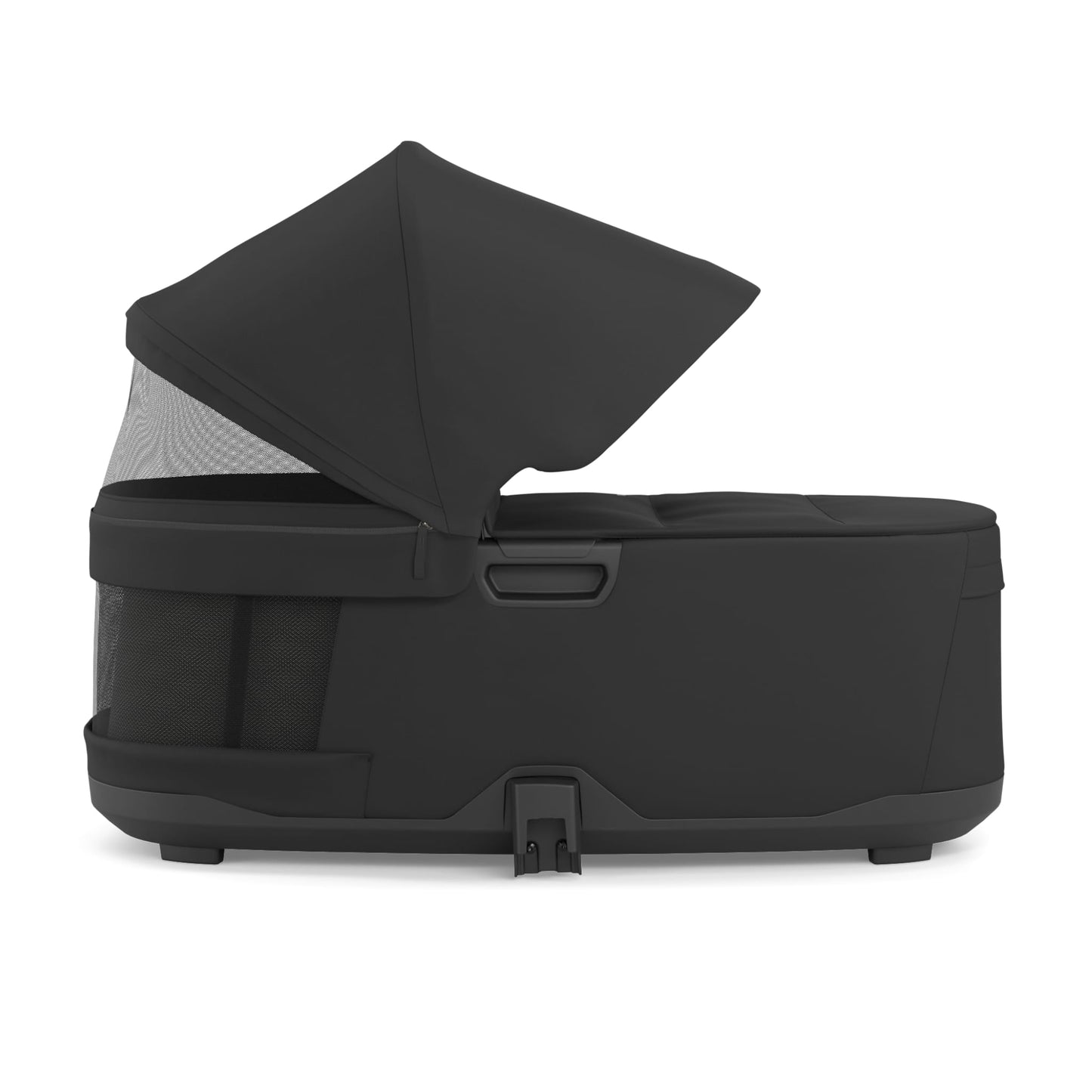 Black UPPAbaby bassinet with extended canopy and mesh ventilation side panels