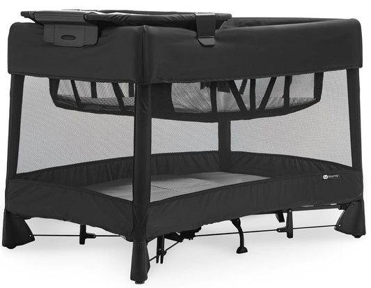 Black Breeze Plus playard by 4moms with mesh sides, padded changing tray, and sturdy frame, shown in angled view