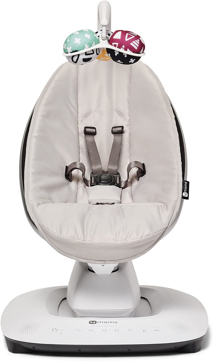 Grey multi-motion baby swing by 4moms with padded seat, five-point harness, and colorful toy bar, front view