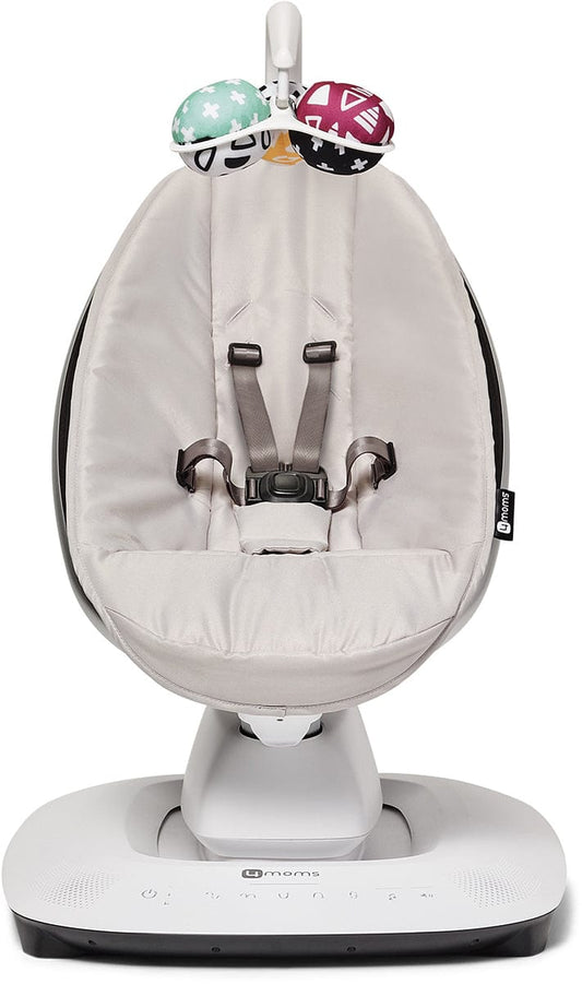 Grey multi-motion baby swing by 4moms with padded seat, five-point harness, and colorful toy bar, front view