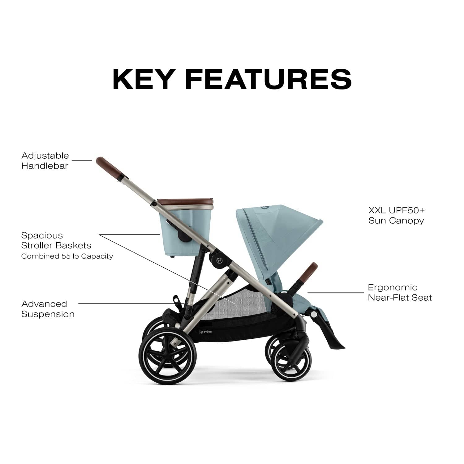 Cybex Gazelle S Single-to-Double Stroller - Taupe Frame / Sky Blue