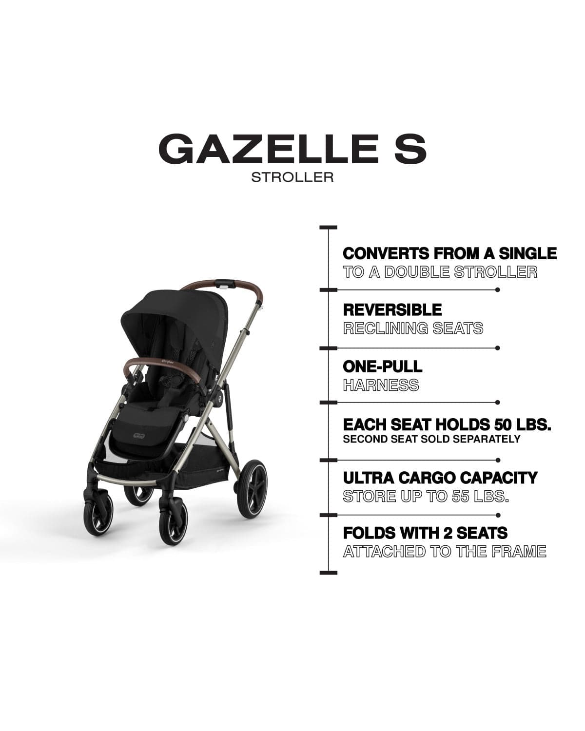 Cybex Gazelle S Single-to-Double Stroller - Taupe Frame / Moon Black