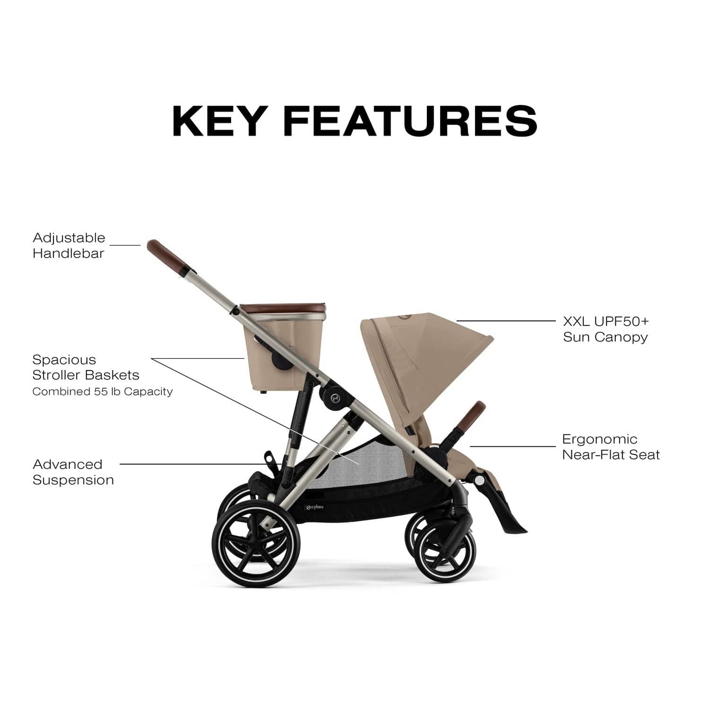 Cybex Gazelle S Single-to-Double Stroller - Taupe Frame / Almond Beige