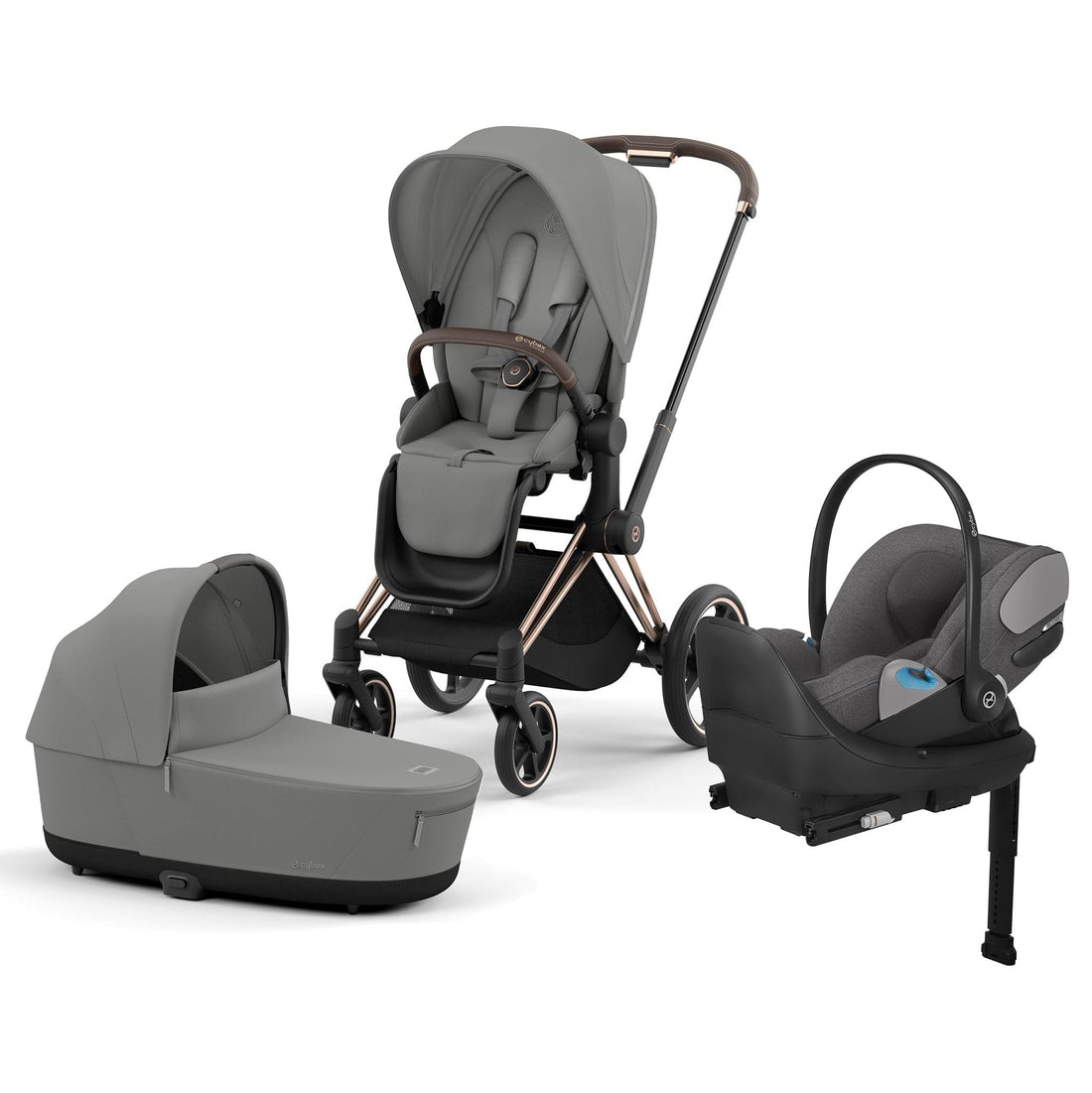 Cybex Priam 4 + Carry Cot + Cloud T Newborn Travel System Bundle - Rose Gold / Mirage Grey / Mirage Grey