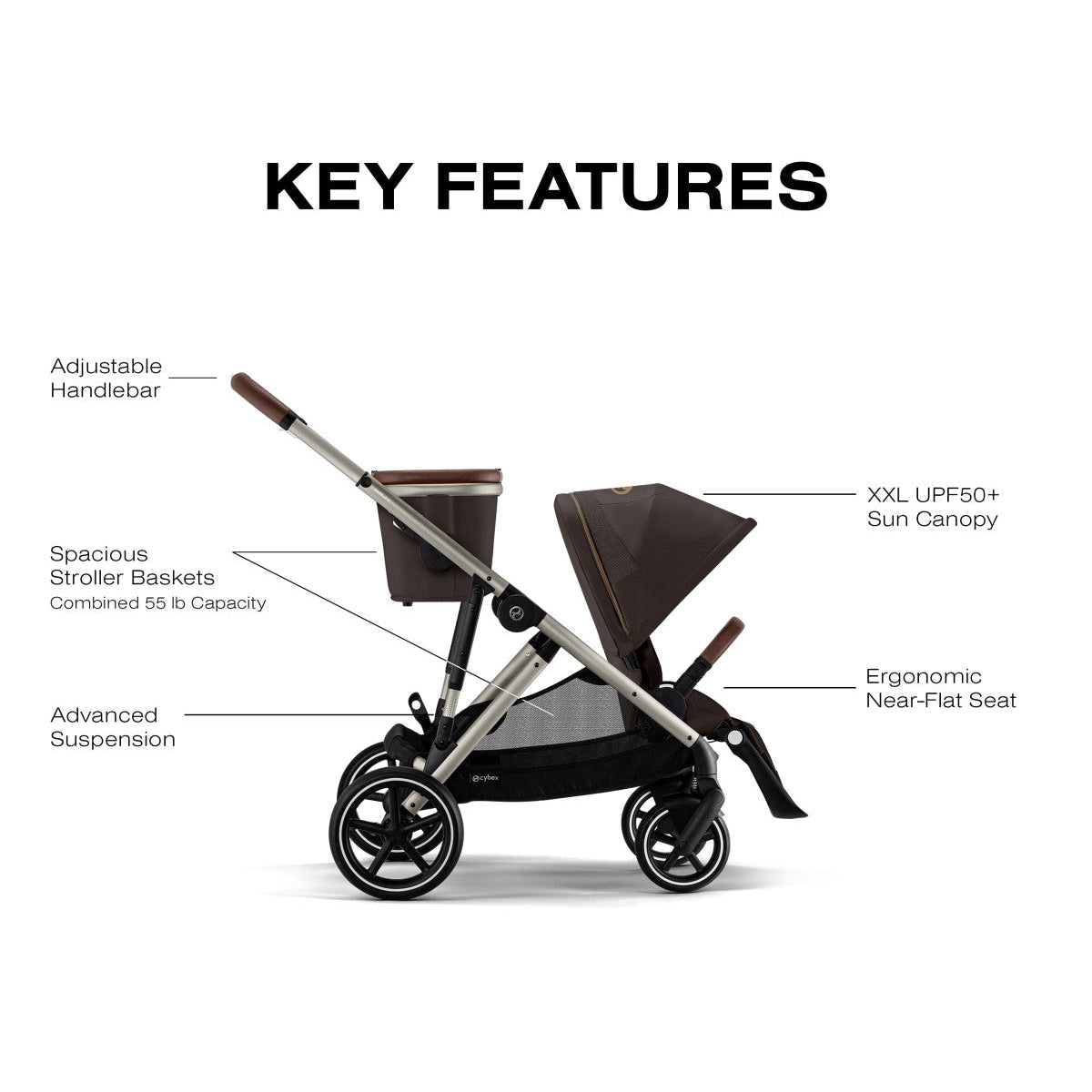 Cybex Gazelle S Single-to-Double Stroller - Taupe Frame / Chocolate Brown Seat