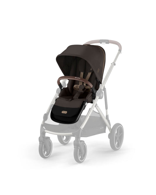Cybex brown stroller seat unit with patterned harness and leather look bumper bar