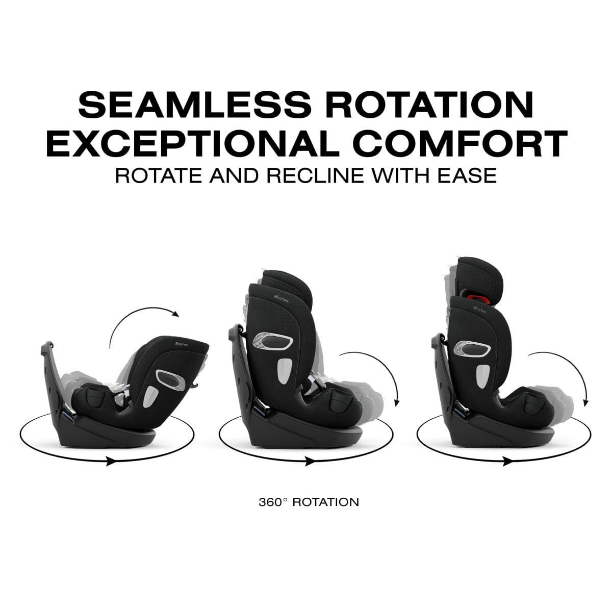 Cybex car seat showing 360 degree rotation and recline positions