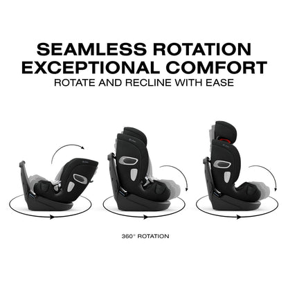 Cybex car seat showing 360 degree rotation and recline positions