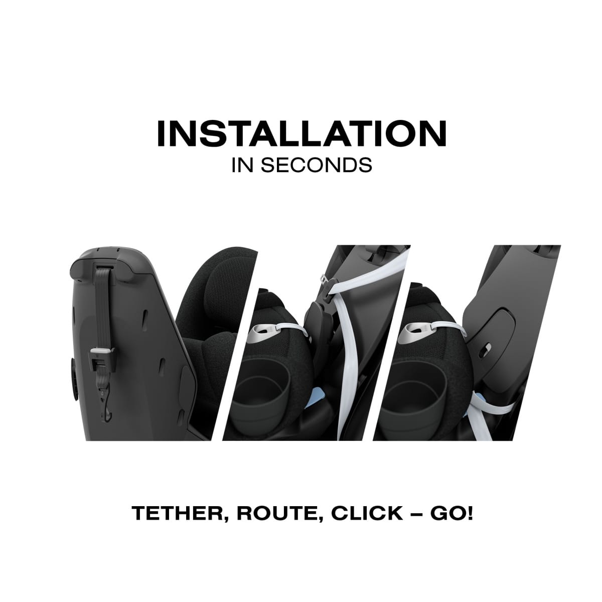 Cybex car seat installation steps showing tethering routing and clicking into place