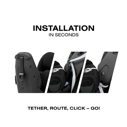 Cybex car seat installation steps showing tethering routing and clicking into place