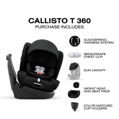 Cybex Callisto T 360 car seat features including harness system, chest clip, sun canopy, pads, and cup holders