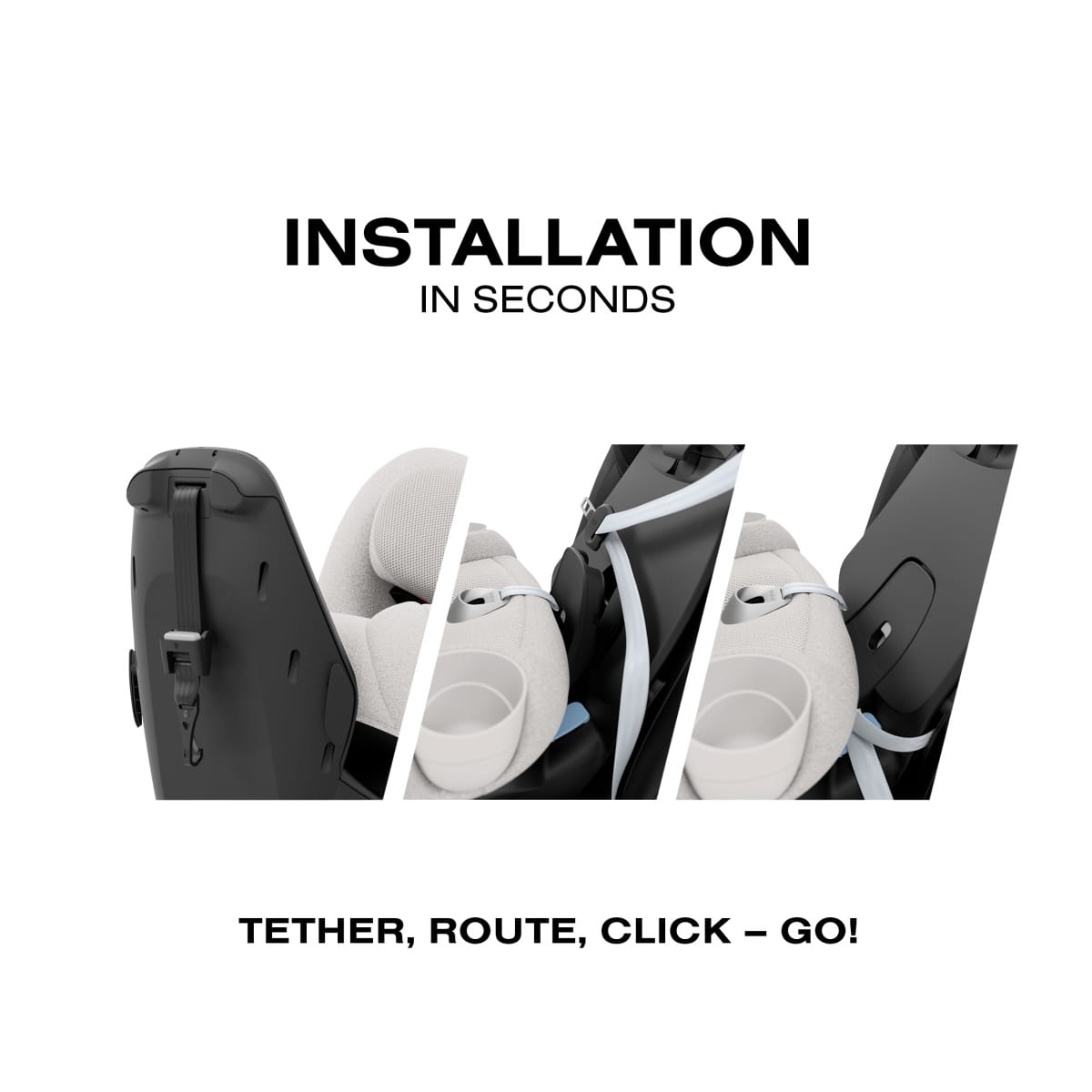 Cybex car seat installation steps showing tethering routing and clicking into place