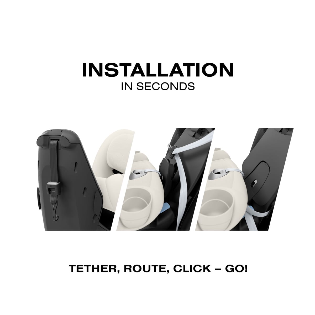 Cybex car seat installation steps showing tether route and click process