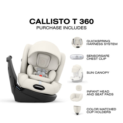 Cybex Callisto T 360 car seat features including harness system sensor clip sun canopy head pads and cup holders